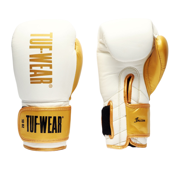 Tuf Wear Falcon Training Boxing Gloves, White And Gold